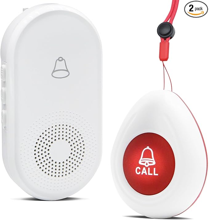 Wireless Caregiver Pager SOS Call Button for Elderly Monitoring 1000+ Feet Life Alert，Emergency Alert System Call Bell for Nurse Patient Disabled 1 Waterproof Transmitter & 1 Plugin Receiver