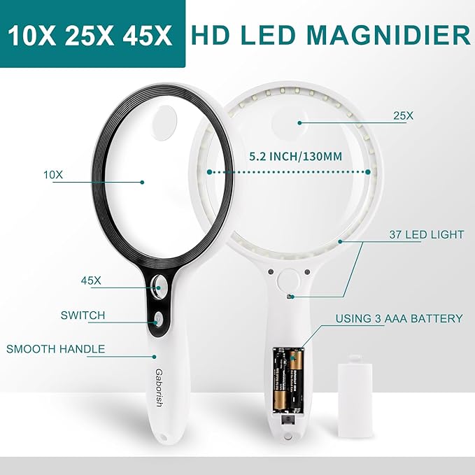 Large Magnifying Glass with 37 LED Light and Case, 10X 20X 45X Handheld Illuminated Lighted Magnifier with 3 Light Modes for Seniors Reading, Inspection, Coins, Exploring Close Work