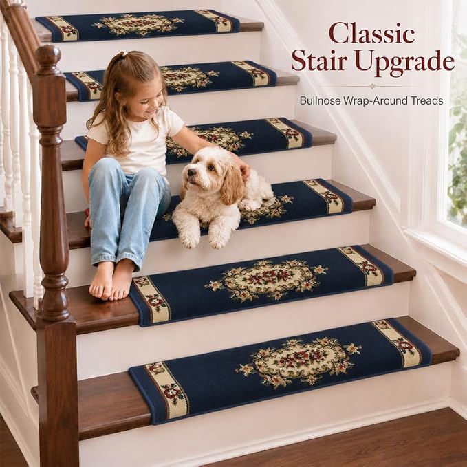 Rounded Bullnose Carpet Stair Treads for Wooden Steps Indoor, No Tape Non Slip Step Mats with TPU Backing & Steel Reinforced Edge for Dogs Elders,Navy Floral,2