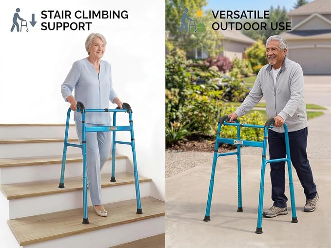 Foldable Stair Climbing Walker for Seniors | Adjustable Height, Wheel-Free Walking Aid, Lightweight Aluminum Alloy, Supports Up to 300lbs, Portable Stair Assist Bar
