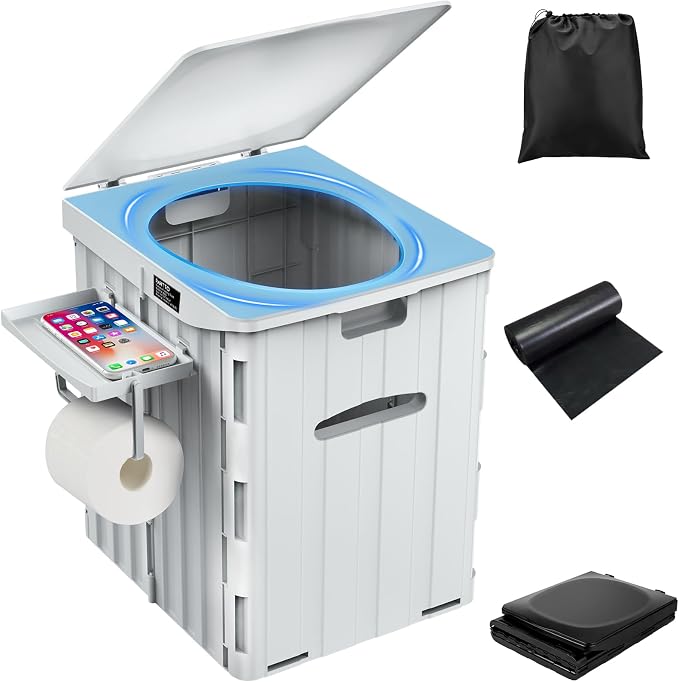 XL Portable Toilet for Adults Extra Large, 15.4"H Foldable Camping Toilet with Detachable Phone Shelf and Toilet Paper Holder, Waterproof Porta Potty with Lid for Camping, Long Road Trips, Car, Gray