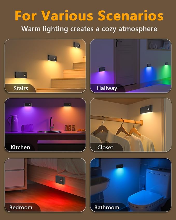 WILLED Motion Sensor Stair Lights Indoor Rechargeable(8-Pack) | RGB & Warm White Wireless Night Lights with Auto On/Off for Stairs,Bathroom,Hallway,Kitchen,Closet,Cabinet,Bedroom,Kids' Room