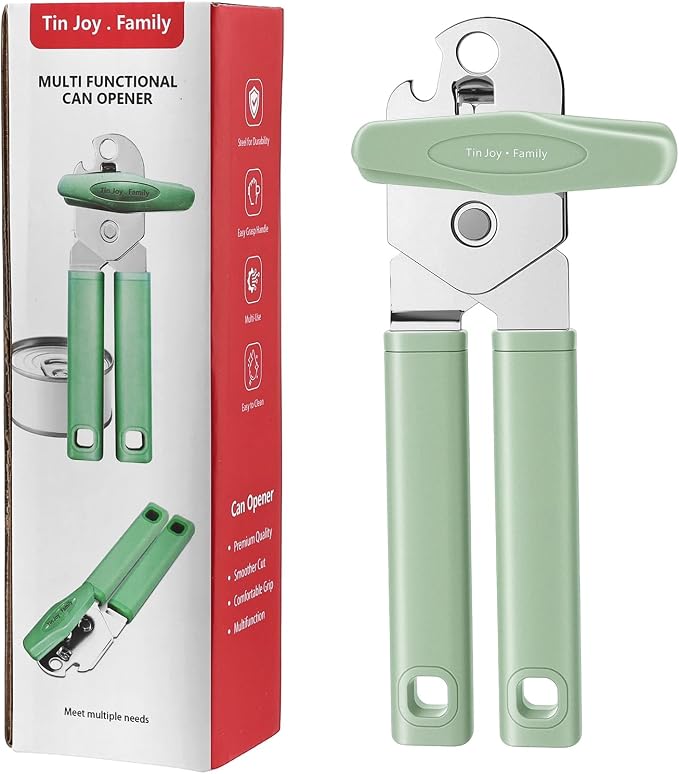 Can Opener Manual, Reinforced Blade, Effortless Knob, Non-Stick, Green | Reinforced blade, effortless knob, built-in bottle opener, non-stick hard rubber handle, smooth-edge safety cutter