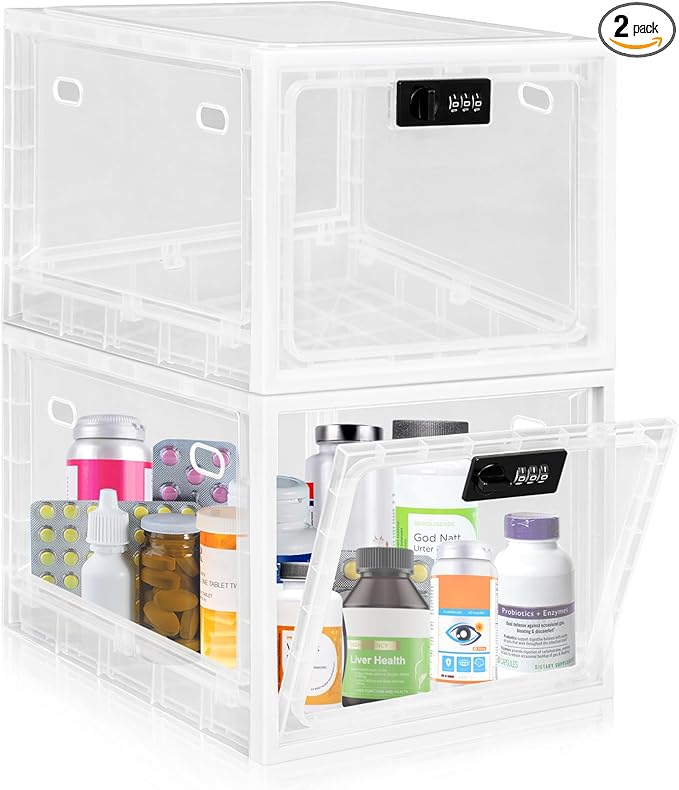 Gemaxvoled 2 Pack Medicine Lock Box, Large Capacity Premium Material Lockable Storage Bin Organizer Box with Combination Code for Safe Medication/Fridge Food/Snacks/Phone/Tablet Jail(White)
