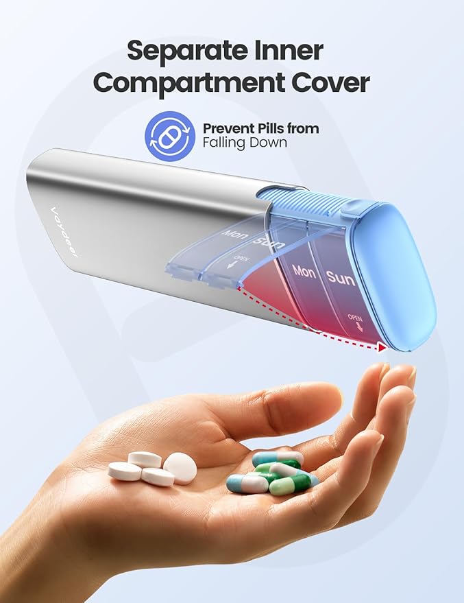 Vaydeer Metal Travel Pill Organizer, 7 Day Weekly Pill Box, Large Capacity Daily Cute Pill Case for Supplements, Pills, Vitamins and Medication (Small,Gray)