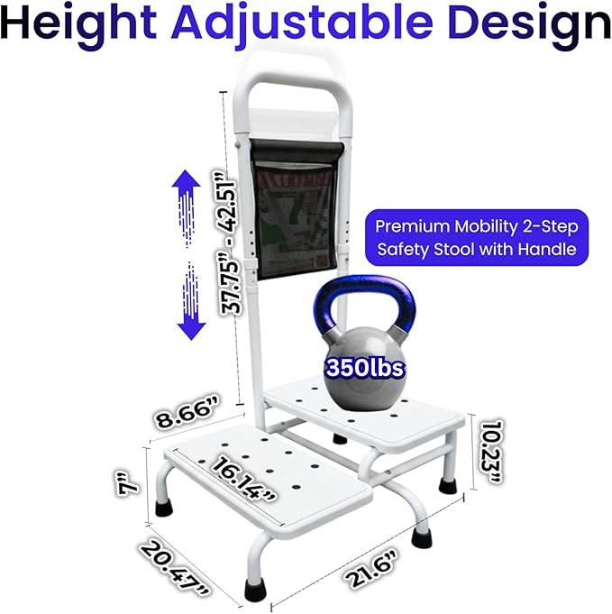 Two Step Stool with Handle for Elderly, 350 lbs Capacity, Heavy Duty Rv Steps with handrail Bed Step for High Beds, Adjustable 5-Level Handrail, for Grandpa