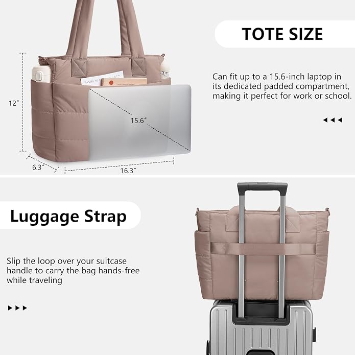 Puffer Tote Bag for Women Quilted Nurse Bag Lightweight Work Bag for Teacher Travel Handbag with Multiple Pockets