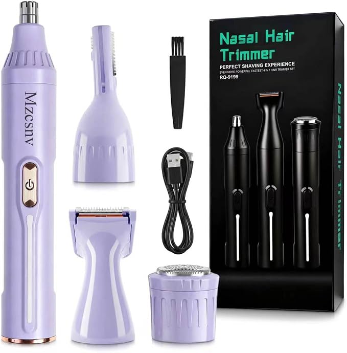Rechargeable Nose Hair Trimmer - 4-in-1 Ear Eyebrow Beard Grooming Kit for Men & Women, Waterproof Quiet Motor, Fast Charging | 11000 RPM | Portable Travel Size Nose Trimmer Beard Trimmer (Purple)