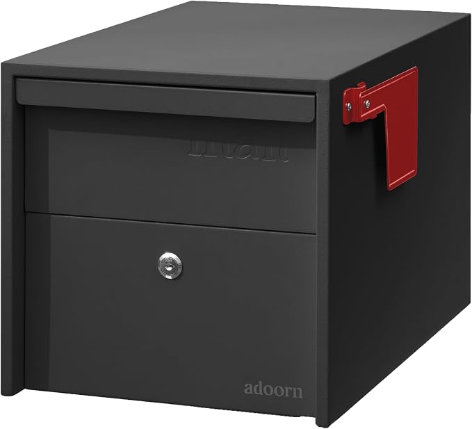 Adoorn Lockable Post Mount Mailboxes for Outside - Small Anti-Theft Locking Mailbox for Packages and Letters - Weatherproof Construction - Durable Steel - 12" H x 12" W x 18.5" D - Black