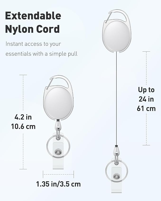 Uniclife 2 Pcs Retractable Badge Reel Keychain Clip for Badge Holder White | Heavy Duty, ID Card Badge Extender, White Gift for Her, Retractable Cord Reel Clip, with Carabiner Belt Clip and Key Ring