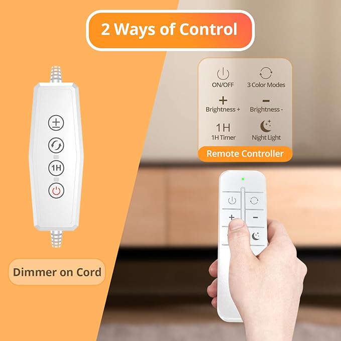 Reading Light with Remote, LED Desk Lamp Clip on [1H Timer & Nightlight] RA>95 Dimmable Flexible Gooseneck, Reading Lamp with Clamp for Table - 4.7'' (Adapter Included)