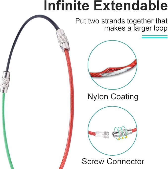CooBigo 16 Pack Cable Key Ring 4 Inch Luggage Tag Loops Wire Key Chain Cable 2mm Key rings for Car Keys Wire Keychain Dog Tag Ring - Assorted Color