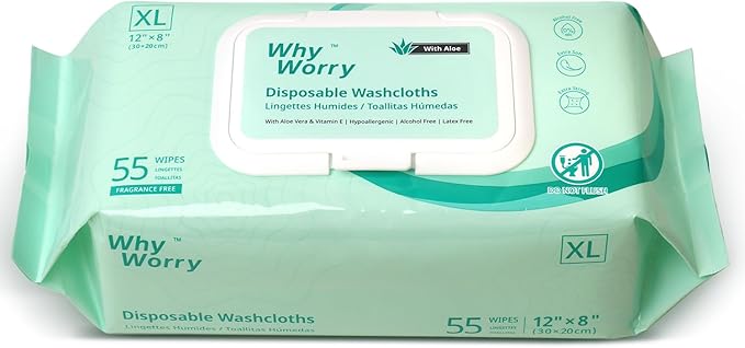WhyWorry Wet Wipes for Adults, 8"x12" Extra Large Body Cleansing Wipes for Elderly & Incontinence, Extra Thick Adult Washcloths Disposable with Aloe & Vitamin E, Unscented, 55 Count