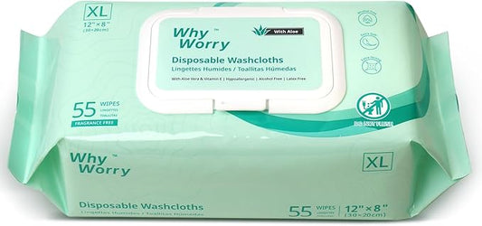 WhyWorry Wet Wipes for Adults, 8"x12" Extra Large Body Cleansing Wipes for Elderly & Incontinence, Extra Thick Adult Washcloths Disposable with Aloe & Vitamin E, Unscented, 55 Count