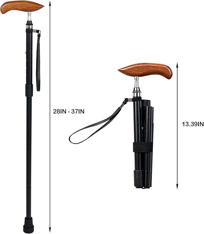 Folding Carbon Fiber Cane with Ergonomic Wooden Handle - Adjustable & Lightweight Easy to Carry Walking Stick for Elderly Men and Women, Travel Cane,Seniors Mobility Aid for Balance and Stability