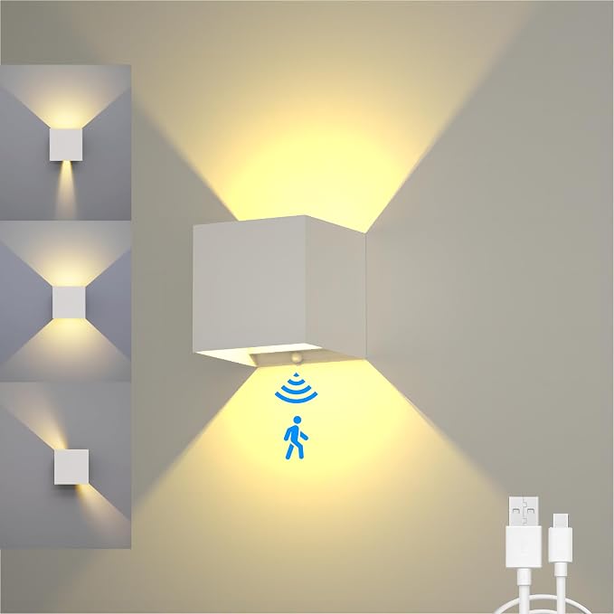 Battery Operated Wall Sconces, 12W Motion Sensor Light Indoor, 6000mAh Wall Lights Rechargeable, 3 Colors Adjustable, LED Wall Lamp for Living Room Bedroom Hallway Decor, White