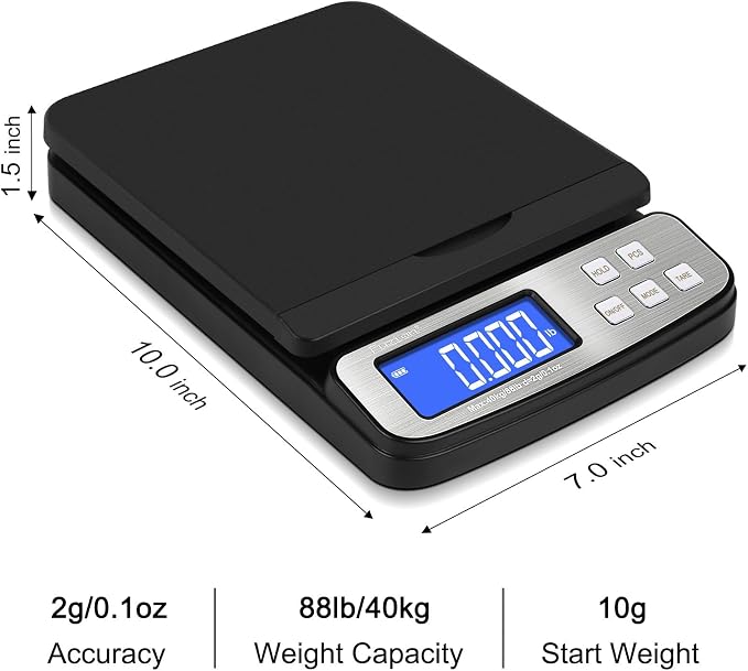 Fuzion Shipping Scale - Digital Postal Scale 88lb x 0.1oz, Flip-up Platform | All-in-1 Postal Scale, Large Display, Hold/Tare/PCS Counting, Easy Calibration, 5 Units, Scale for Packages, Small Business