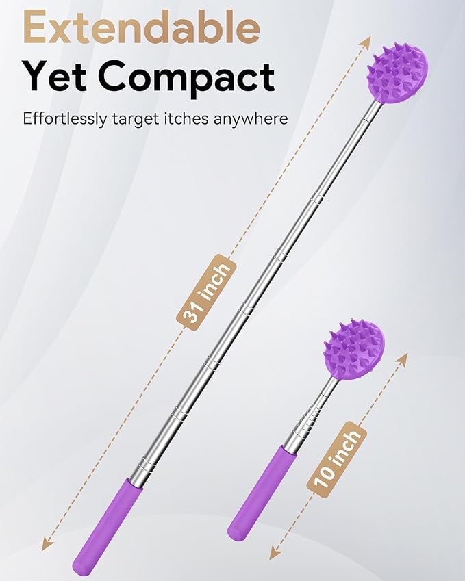 Telescoping Back Scratcher with 5 Detachable Heads, Gift for Men Purple | 10-30" Reach, Stainless Steel Pole, Rubber Grip, Christmas Stocking Stuffers, White Elephant, Anniversary and Birthday Gift