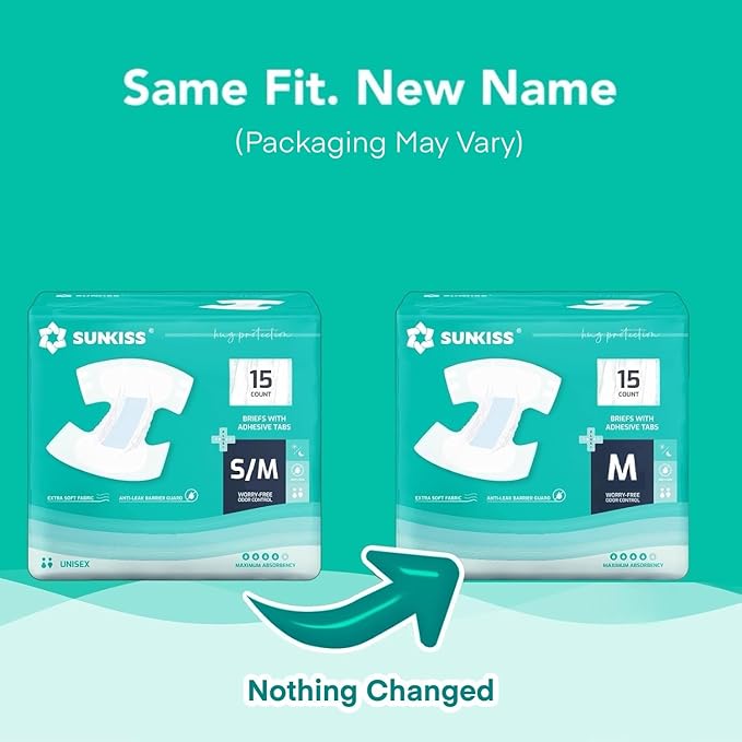 SUNKISS TrustPlus Adult Diapers with Maximum Absorbency, Unisex Disposable Incontinence Briefs with Tabs for Men and Women, Odor Control, Medium, Previously S/M, 15 Count