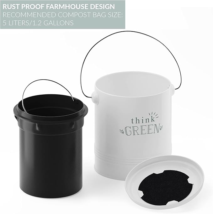 Barnyard Designs 1.2 Gallon Kitchen Counter Compost Bin with Lid (White) | Countertop Composter with Smell-Absorbing Filters and Removable Inner Bucket; Food Waste Pail for Easy Cleaning