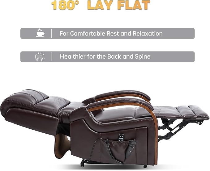 Trustyue Power Lift Recliner Chair, 180° Lay Flat Recliner, Lift Chair with Massage and Heat, Standing Assistance, Living Room Chair for Elderly People(Faux Leather Dark Brown)