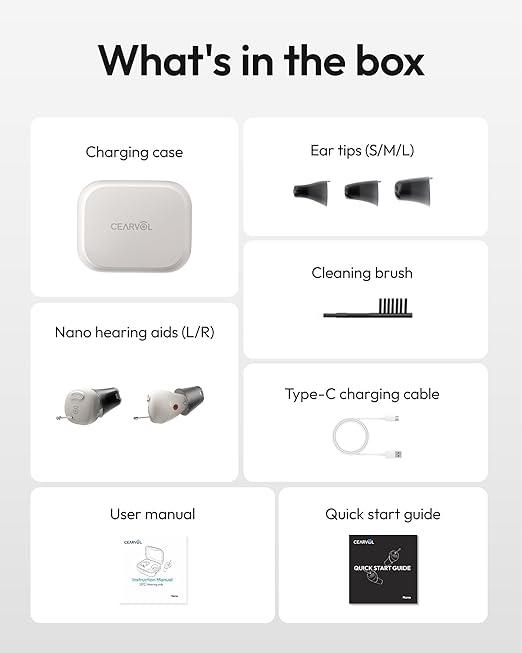 Cearvol-Nano OTC Hearing Aids with All-in-One Charging Case Control Rechargeable Whisle-Free Experience Noise Reduction for Seniors Adults Discreet Mini ITC Design, Starlight