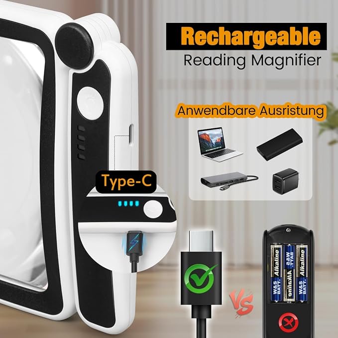 Rechargeable Magnifying Glass with Light for Reading, 5X Large Page Magnifier with LED Lighted for Seniors Low Vision, Folding Handheld Rectangle Magnifier for Reading Small Print Black-White