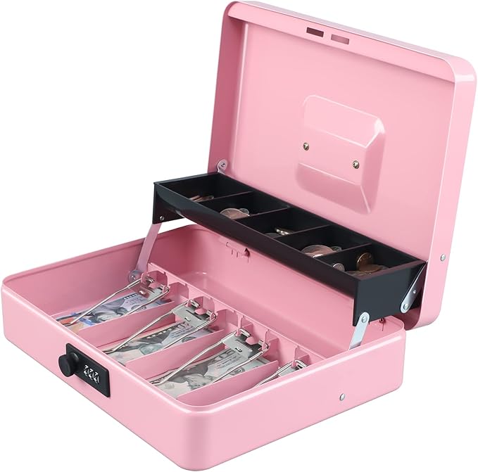 xydled Cash Box with Money Tray and Combination Lock,Tiered, Cantilever Design,4 Bill / 5 Coin Slots,11.8" x 9.5" x 3.5",Pink