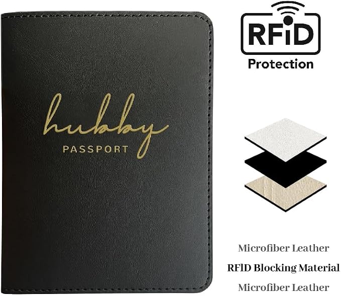 HubbyWifeyGifts Matching Passport Holder for Hubby and Wifey, PU Leather Passport Cover with RFID Blocking, Honeymoon Essentials for Travel, Engagement Gifts for Couples