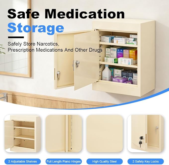 Yeeoy Locking Medicine Cabinet with Double Doors, Wall Mount Narcotics Cabinet, Steel Drug Cabinet with Adjustable Shelves, Secure Storage Box for Medications, First Aid & Home Safety, Beige