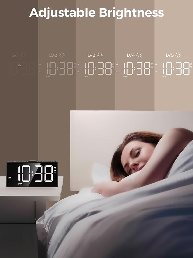 PPLEE Alarm Clock for Bedroom,Upgrade Digital Clock Large Bold Number,5 Level Brightness Volume,2 Alarms,Weekend Weekday Mode,Type C/USB Charger Port,Loud Table Clock with Power Off Memory for Any Age