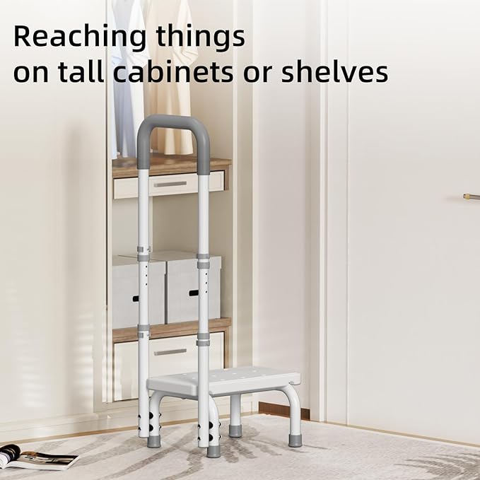 Step Stool with Handle for Ederly and Non-Skid Platform, Height Adjustable Heavy Duty Steps Foot Stool for Adult, Seniors, Foot Stool for Bedside, Kitchen,Bathtub Car,Safely Load 440 lbs. (White)