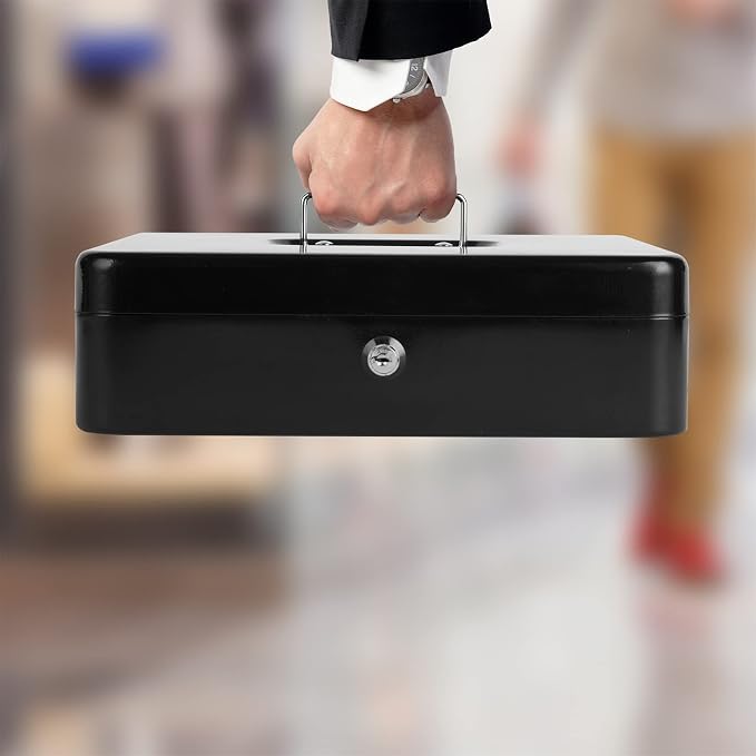 Sumerfnt Cash Box with Money Tray and Lock Money Box for Cash, Metal Locking Cash Box - 11.8" x 9.4" x 3.54" Black