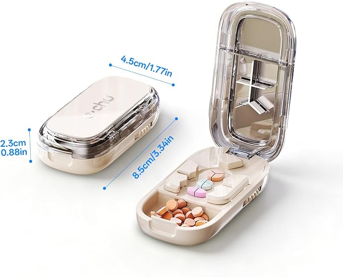 Pill Cutter Splitter for Small and Tiny Large Pills,Adjustable Pill Splitter Push-Button Cuts into 1/2, 1/3, 1/4，Comes with a Small Brush and a Medicine Storage Box (Cream, 1/2, 1/3, 1/4 Slices)