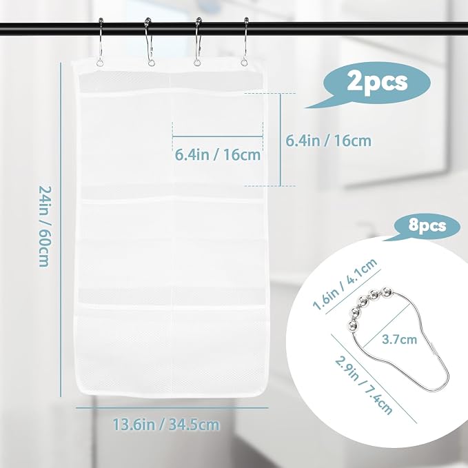 yuntop Shower Organizer, 23.6x13 inch Mesh Shower Caddy with 4 Metal Loop Hook, 6 Pockets Hanging Organizer to Hold Shampoo, Soap, Loofah (2 Pack)