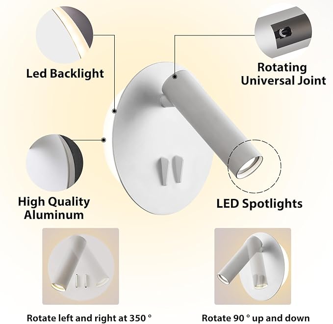 ZEROUNO Bedroom Wall Lamp with Switch Reading Light Hardwired Sconces Which Angle Adjustable for Bed-Side Interior Design (White)