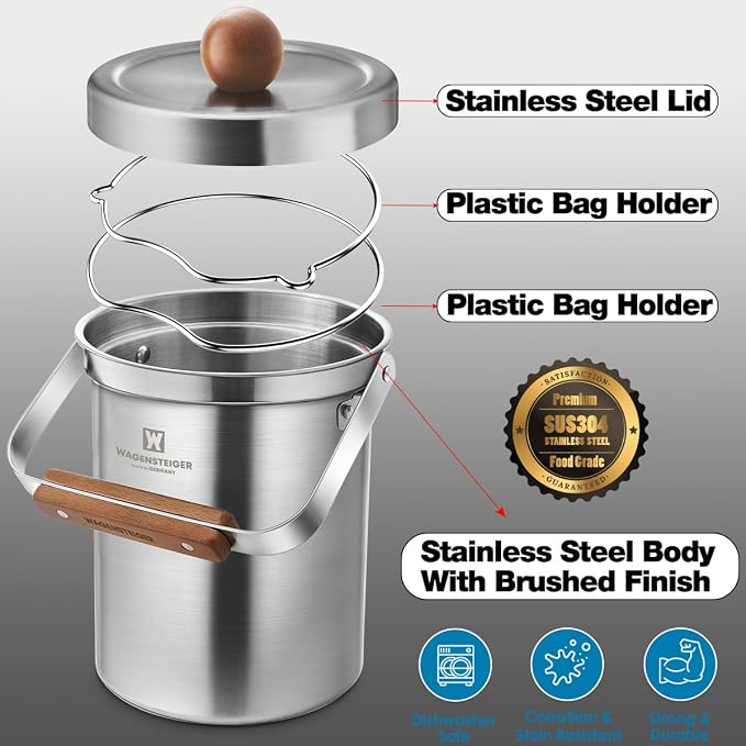 WAGENSTEIGER Kitchen Countertop Compost Bin 101ounces / 3Liters with Airtight Lid, SUS304 Stainless Steel Odor-Free Food Waste Bin with Wooden Handle Stylish Design/Bathroom Trash Can (Silver)