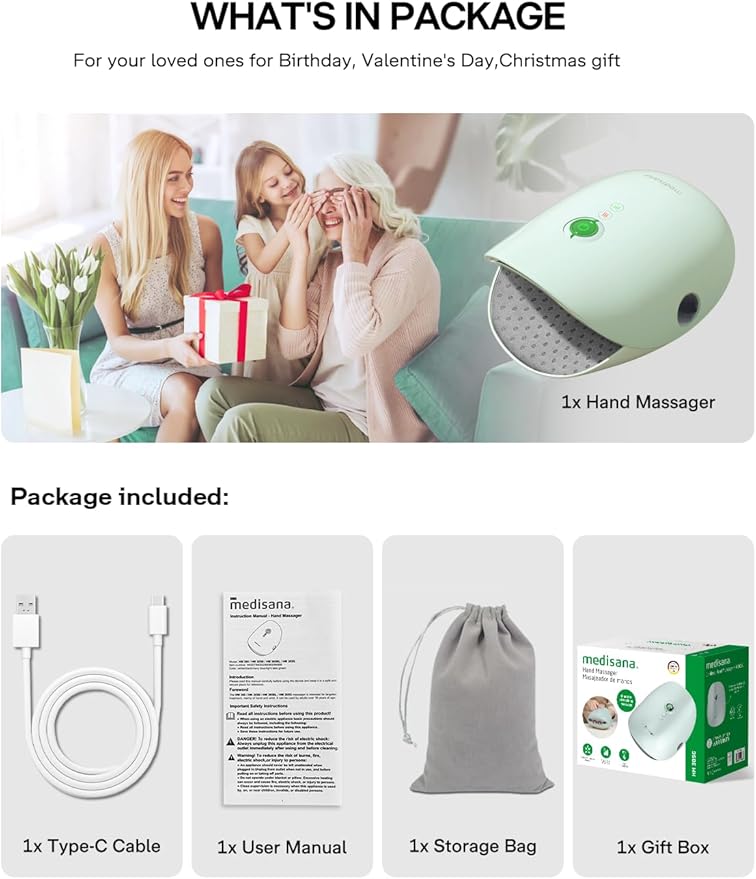 Medisana Hand Massager with Heat and Compression, Cordless Hand Massager for Arthritis and Carpal Tunnel Relief, Knuckle Stretching Massage, Birthday Christmas Gifts for Men Women Dad Mom-Green