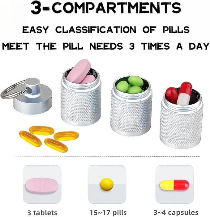 Waterproof Keychain Pill Holder - Compact, Portable, and Secure Pill Box with 3 Compartments - Pocket-Sized Pill Case and Container for Daily Medication on the Go, Sliver | Anodized aluminum with a keyring. 3 detachable layers. Pocket-sized, rustproof ...