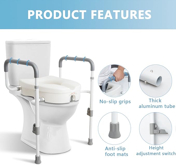 Raised Toilet Seat with Handles for Elderly - Toilet Seat Risers for Seniors with Adjustable Padded Arms - Elevated Toilet Safety Seat for Standard or Elongated Commode
