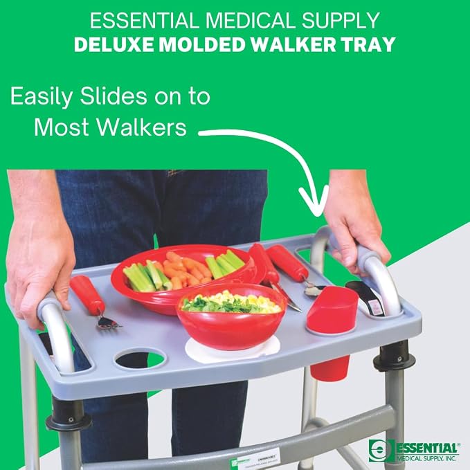 Essential Medical Supply Molded Walker Tray with 2 Cup Holders - Perfect for Mobility and Transport, Fits Most Walkers and Provides Convenient Tray for Almost Any Folding Walker