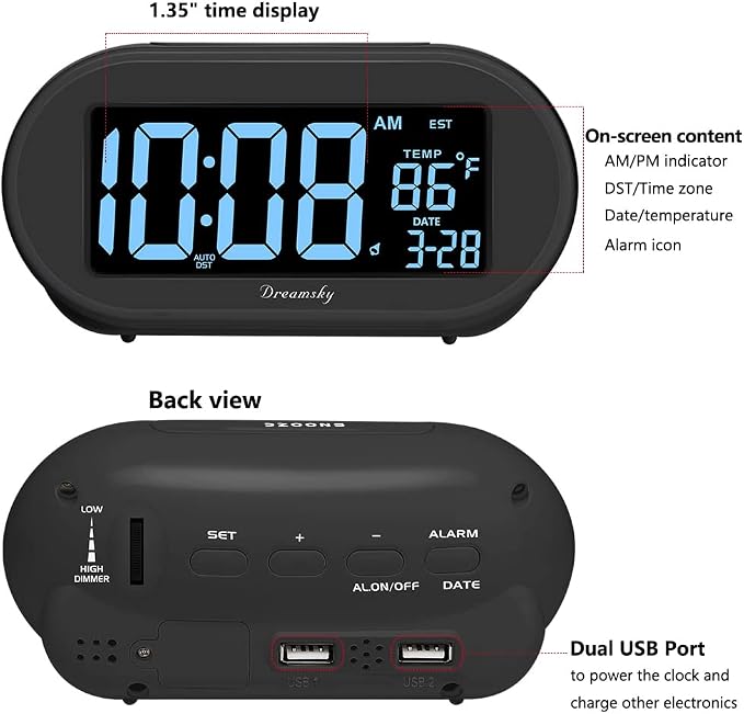 DreamSky Alarm Clocks for Bedrooms, Auto Set Digital Desk Clock for Bedside Nightstand, Electric Clock with Dimmable Brightness Dimmer, Auto DST, USB Port, Date, Temperature, Snooze
