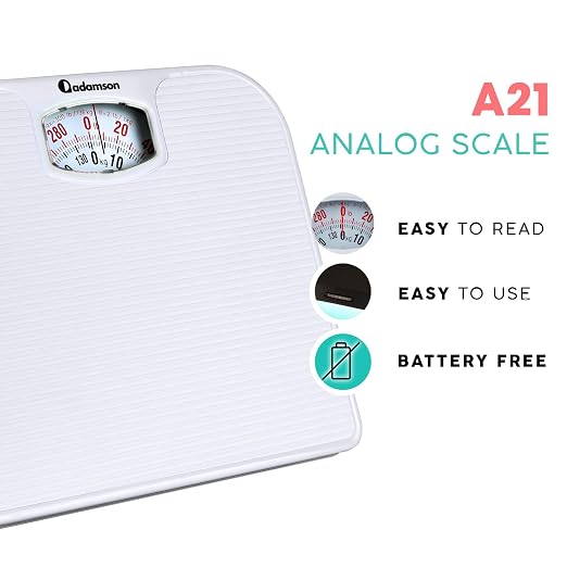 Adamson A21 Analog Scales for Body Weight - Up to 300 LB - New - Anti-Skid Rubber Surface + Large Numbers - Analog Bathroom Scale - Affordable - Durable with 20-Year Assurance