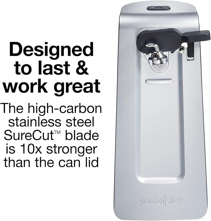 Proctor Silex SureCut Electric Automatic Can Opener for Kitchen with Stainless Steel Blade, Twist-off Easy-Clean Lever, Cord Storage, Extra Tall, Silver (75225)