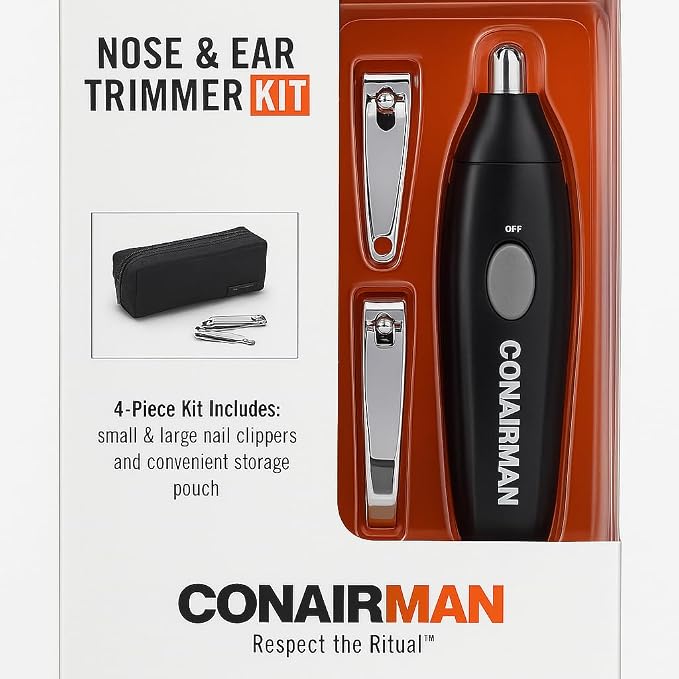 ConairMan Nose & Ear Trimmer Kit - 4 Piece Grooming Set with Nail Clippers and Storage Pouch