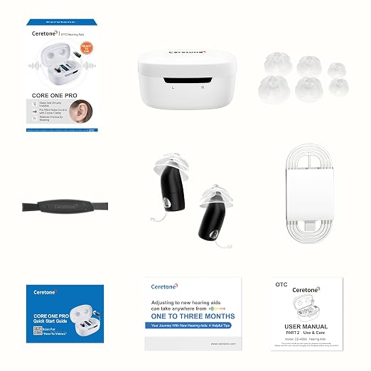 Ceretone SuperMini OTC Hearing Aids for Seniors, Rechargeable Invisible Hearing Aids with Wind Noise Reduction, Auto On/Off, Easy-to-Use Digital Hearing Aids for Mild to Moderate Hearing Loss, Black