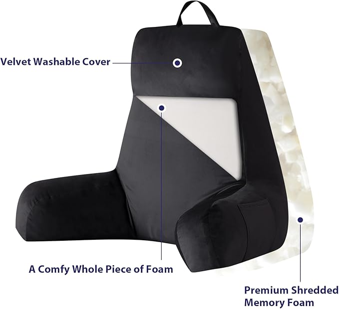Reading Pillow with Arms for Adult, Back Pillow for Bed Sitting Up, Shredded Memory Foam Backrest Pillow with Pockets & Removable Washable Cover, Lounging, Watching TV, Reading(24inch Black)