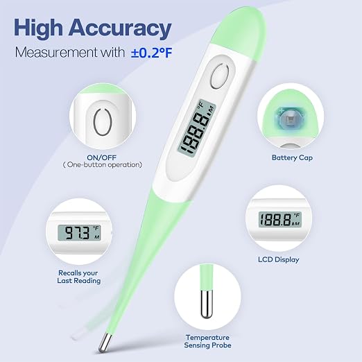 Boncare Digital Thermometer for Adults, Kids & Babies, Light Green | Accurate & Safe Oral and Rectal Thermometer with 10-Second Reading and Fever Alarm