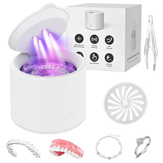 Ultrasonic Retainer Cleaner Machine, 50kHz Dental Cleaning Pod for Braces, Dentures, Aligners, Invisalign, Mouth Guards, 200ML with 3 Modes, Professional Oral Appliance Jewelry Cleaner, White