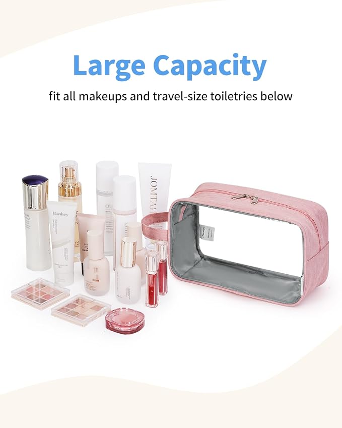 Narwey Clear Travel Toiletry Bags for Traveling Toiletries Men Women, Clear Makeup Bag Cosmetic Bag with Zipper, Make Up Pouch Organizer Bag with Handle, Skincare Beach Snack Medicine Bag, Pink